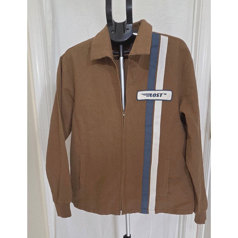 Lost Enterprises Mens Large Jacket Brown Racing Stripe Full zip Retro 90s Y2K